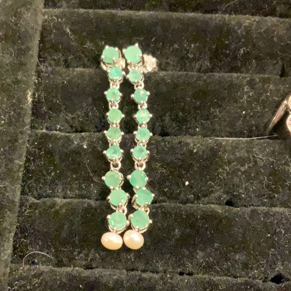 NATURAL EMERALD & PEARL 925 STERLING SILVER EARRINGS